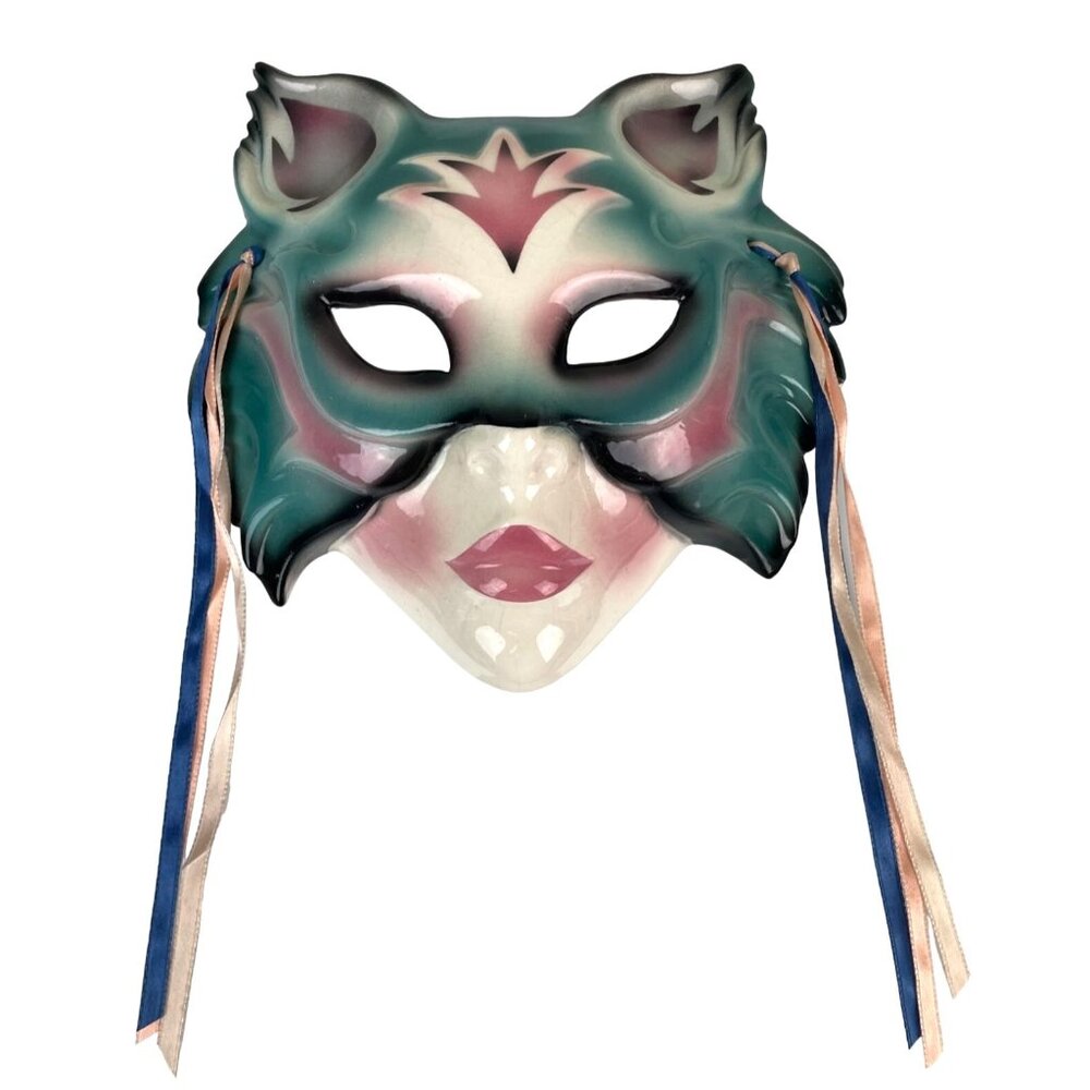 Vintage 1989 Clay Art USA Made Ceramic Woman's Masquerade Animal Mask Ribbons
